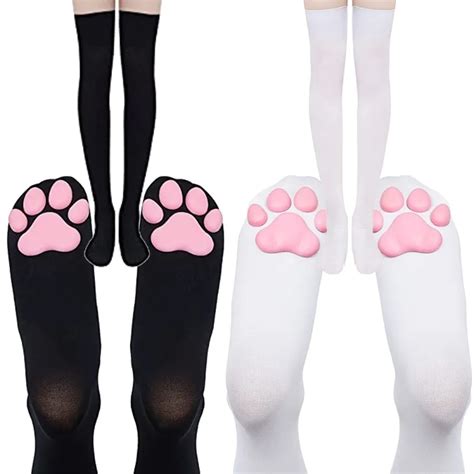 Print Stockings Strip Over Knee Socks Thigh High Socks Pink Thigh High Socks Cute Cat Paw Pad