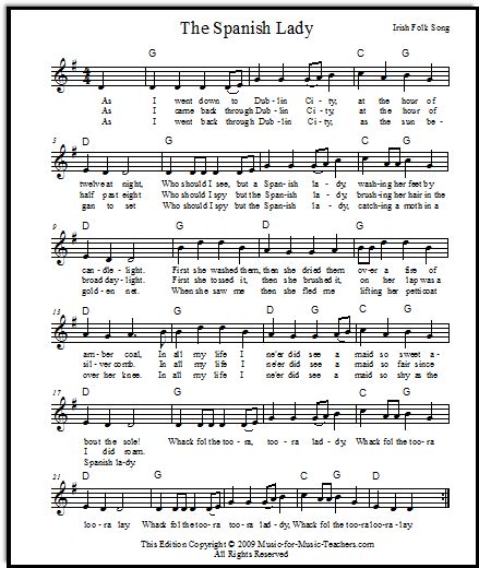 The Spanish Lady Free Vocal Sheet Music And Guitar Tabs From Ireland
