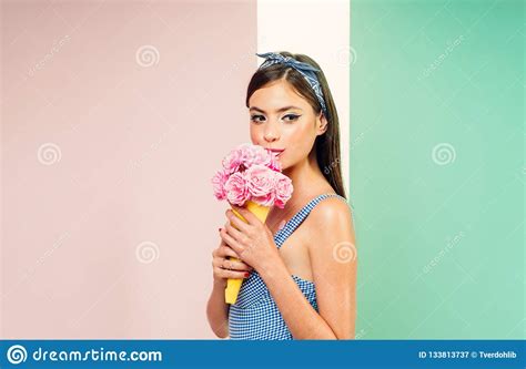 Retro Woman Eating Ice Cream From Flowers Pinup Girl With Fashion Hair