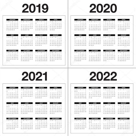 Año 2019 2020 2021 2022 Plantilla De Diseño De Vectores De Calendario