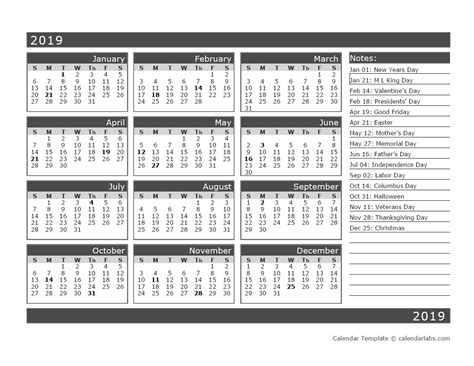 12 Month One Page Calendar Template For 2019 Free Printable Templates