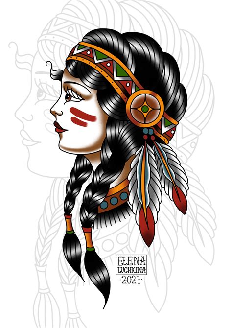 Artstation Old School Native American Girl Tattoo Design