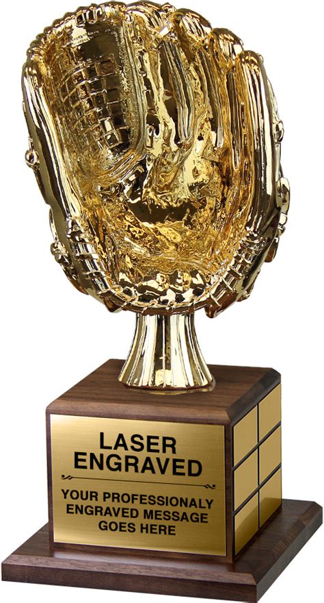 Full Size Gold Baseball Glove Trophy On Genuine Walnut Base Trophy Depot