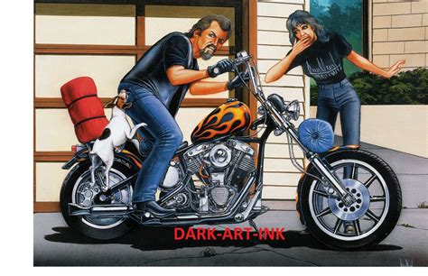 A Painting Of Two People On A Motorcycle In Front Of A Garage With The