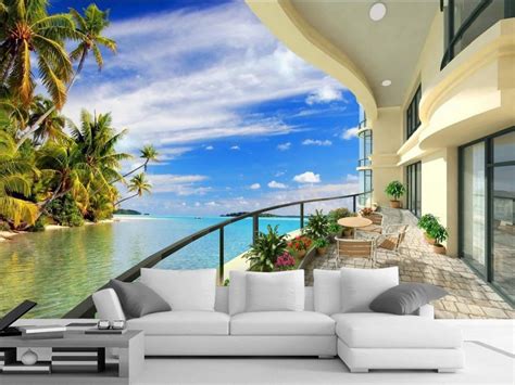 3d Room Wallpaper Landscape Balcony Beach Wallpaper 3d Mural Home