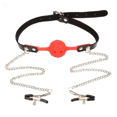 Leather Mouth Gag Ball Oral Sex With Breast Nipple Clamps With Chain