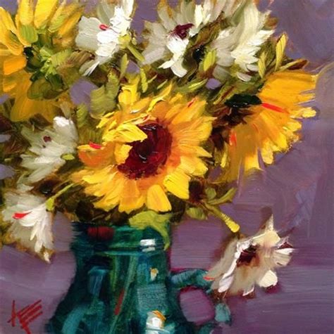 Sunflowers Daisies In Milk Jug Original Fine Art For Sale
