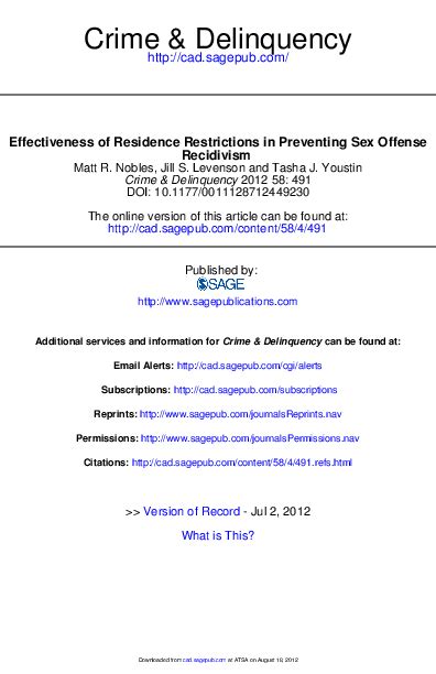Pdf Effectiveness Of Residence Restrictions In Preventing Sex Offense Recidivism Jill