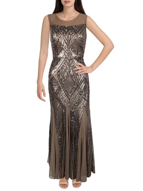 NIGHTWAY Womens Brown Stretch Sequined Zippered Lined Sleeveless Illusion Neckline Full Length