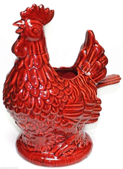 Beautiful Rusty Red Glazed Ceramic Chicken Hen Rooster On Flowers