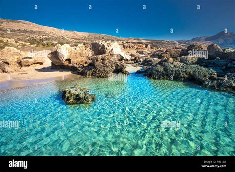Falassarna Beach On Crete Island With Azure Clear Water Greece Europe