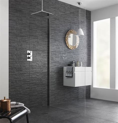 The contemporary design tiles are characterized by a sober design, in large sizes and discreet and elegant colors. Black slate tiles for modern bathroom. Textured tiles work ...