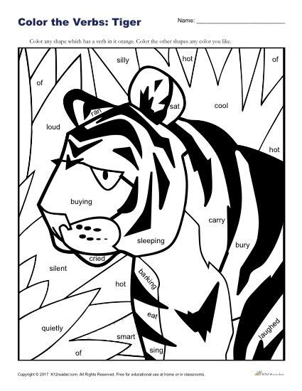 Color The Tiger Printable K 2nd Grade Verbs Activity