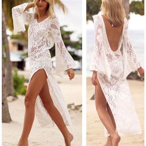 Women Summer Lace Mesh Loose Backless Beach Dresses Boho White Holiday Beach Long Dresses In