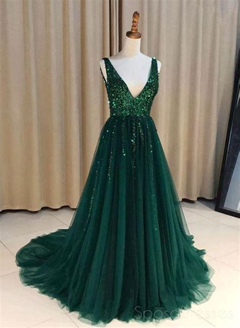 V Neck Emerald Green Tulle A Line Long Custom Evening Prom Dresses 17
