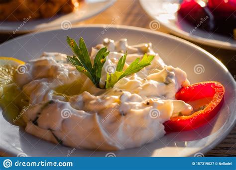 Traditional Turkish Appetizers On Table In Evening Sun Light Stock