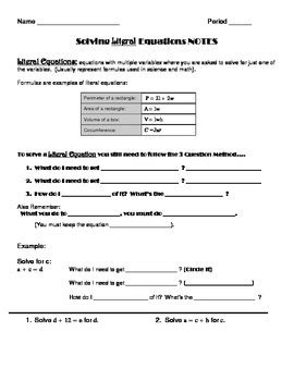 Best solving equations with variables both sides worksheet from solving for a variable worksheet , source: Solving Literal Equations Notes and Worksheet (Solving for a Specific Variable)