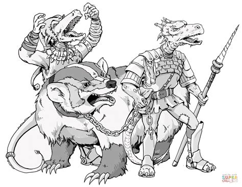 Two Dnd Kobolds And Giant Badger Coloring Page Free Printable