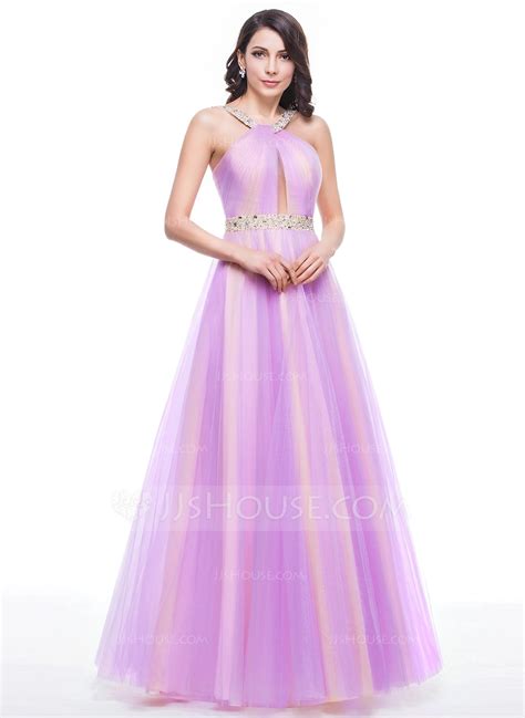 A Lineprincess Scoop Neck Floor Length Tulle Prom Dress With Ruffle