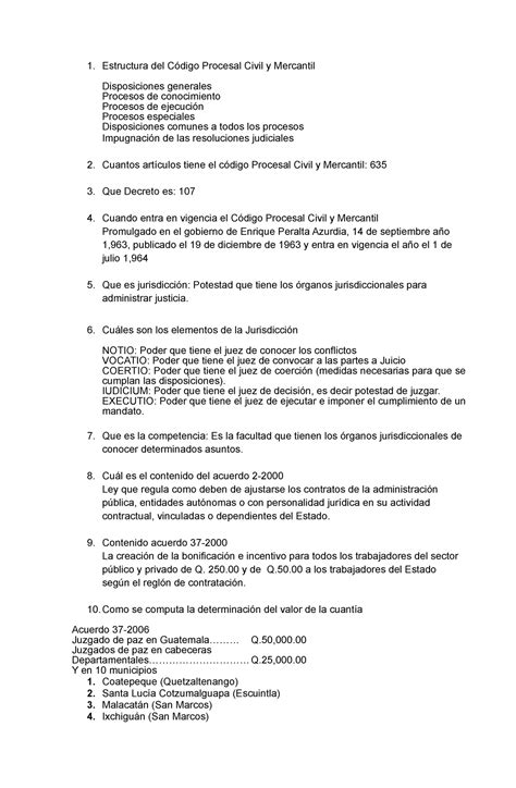 Cuestionario Codigo Procesal Civil Y Mercantil FASE Privada Antigua Estructura del Código