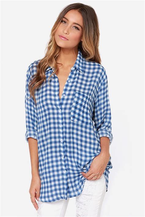 Check Flick Blue Checkered Button Up Top Plaid Shirt Women Blue Checkered Shirt Plaid Blouse