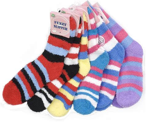 6 Pair Pack Of Excellent Womens Striped Fuzzy Socks Crew Socks Warm