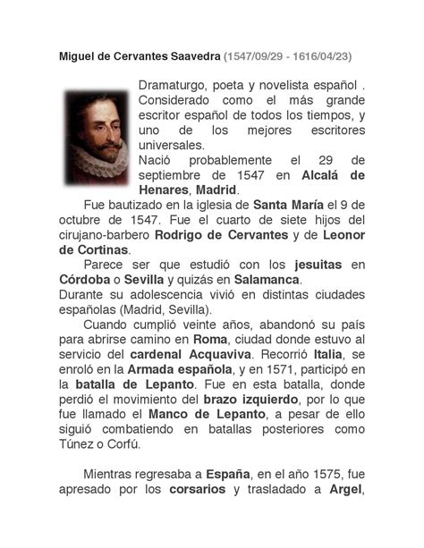 Breve Biografía De Miguel De Cervantes Saavedra By