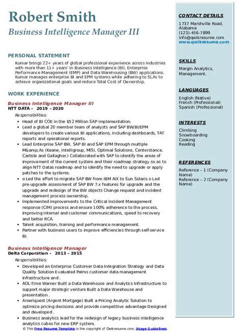 It is a written summary of your academic qualifications, skill sets and previous work experience which you submit while applying for a job. Business Intelligence Manager Resume Samples | QwikResume