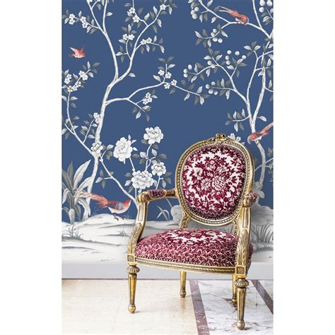 Chinoiserie Lilly Midnight Blue Wallpaper Stencil Temporary Wallpaper