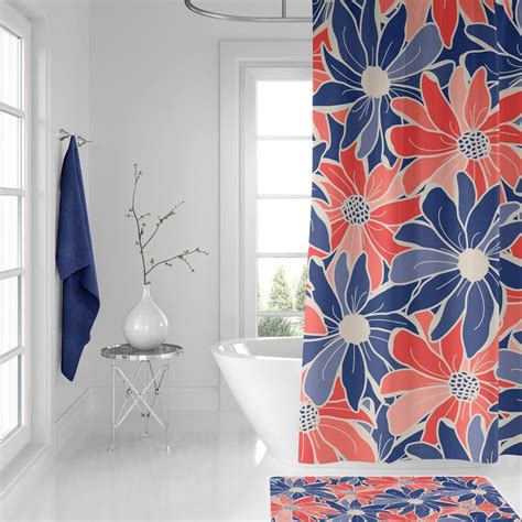 Whimsical Floral Shower Curtain And Bath Mat Navy And Coral Floral