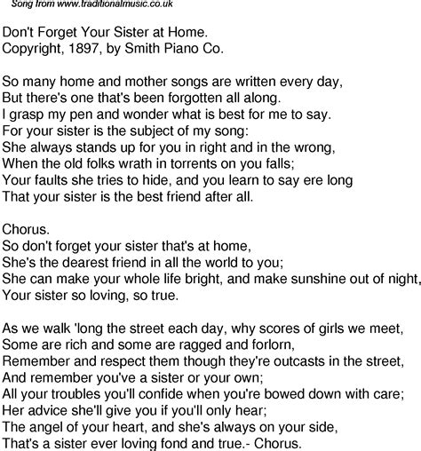Old Time Song Lyrics for 61 Don't Forget Your Sister At Home