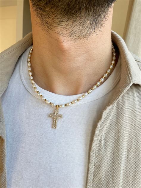 Mens Gold Cross Necklace Mens Pearl Necklace Pearl Necklace Etsy