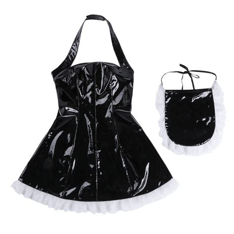 3pcs Wet Look Patent Leather Maid Dress Cosplay Costumes Maidservant