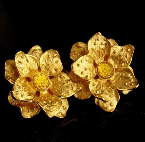 Kjl Vintage Earrings Golden Flower Designer Gold Clip On Etsy