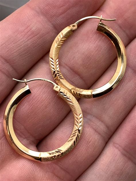 14k Etched And Textured Gold Hoop Earrings 25mm