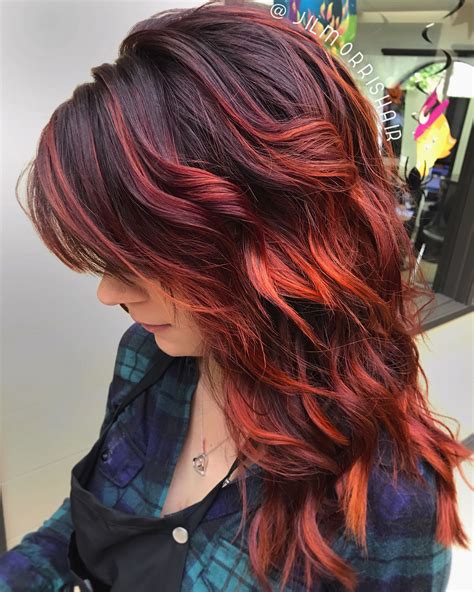Fiery Red Fall Hair Balayage Highlights Violet Red And Copper Curls And Waves Magenta Hair Colors