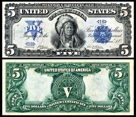 Vintage 1899 Running Antelope Native American Us 5 Dollar Bill Silver