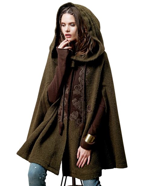 Artka Womens Hooded Wool Blend Cape Coat With Vintage Embroidery