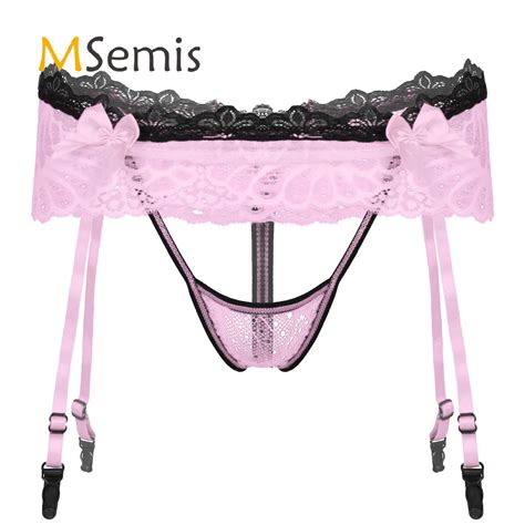 Mens Lingerie Sissy Underwear Hollow Out Lace Skirted Thongs Bowknot Crotchless T Back Panties