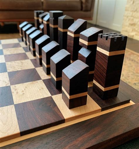 Handmade Wood Modern Chess Board And Set One Of A Kind Etsy