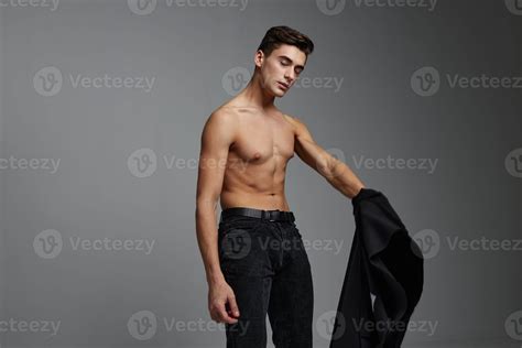 Handsome Man Nude Torso Black Jacket Posing Self Confidence Lifestyle