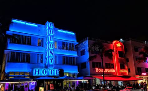 Neon Miami Beach Hotels Editorial Photography Image Of Blue 128659207