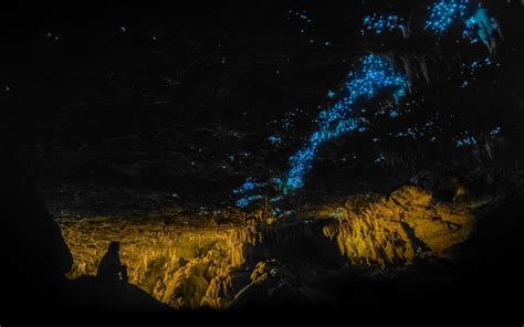 Men Photography Landscape Nature Cave Glowworms Blue Rock