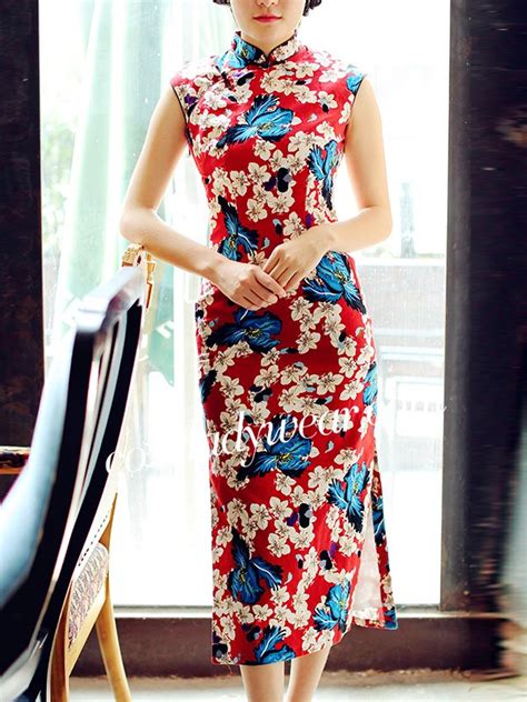 Red Floral Linen Qipao Cheongsam Dress CozyLadyWear