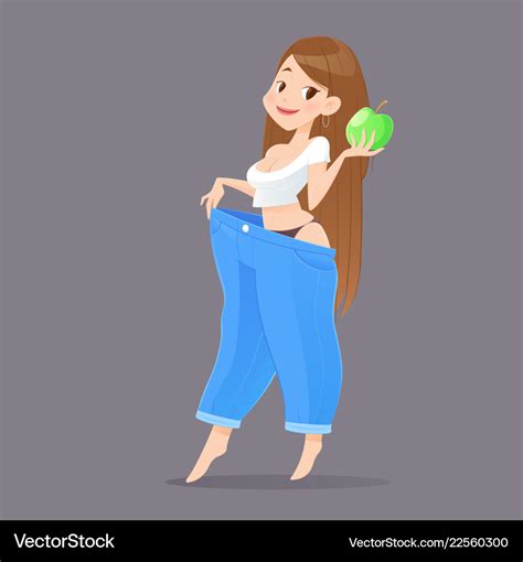 Cartoon Woman After Weight Loss Is Try Her Old Vector Image