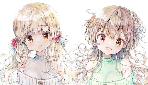 2girls Blonde Hair Bow Brown Eyes Brown Hair Close Flowers Long Hair Mizuki Yuuma Original