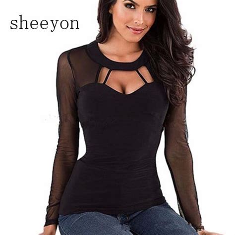 T Shirt New Spring Summer Sexy Women Elasticity Net Tops Long Sleeves Solid Color Size M L Xl