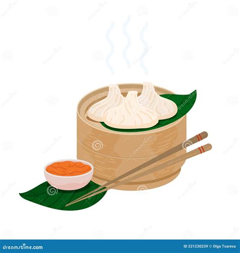 Steamed Momo Dumplings With Red Chile Sauce In A Wooden Basket Vector