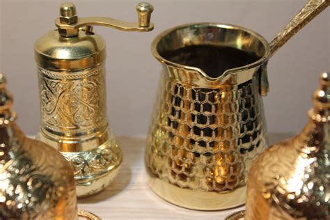 Turkish Coffee Set Gold Copper Coffee Pot Cups Plates Etsy