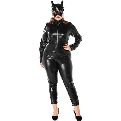 plus size women black faux leather catsuit latex bodysuit stretchable with mask sexy catwomen
